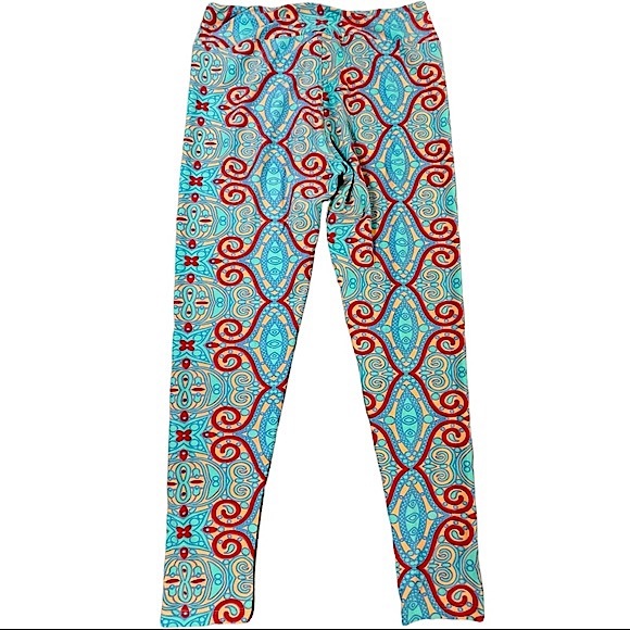 Lularoe Tall & Curvy red, peach, light blue, & teal swirl design soft leggings - Picture 1 of 9